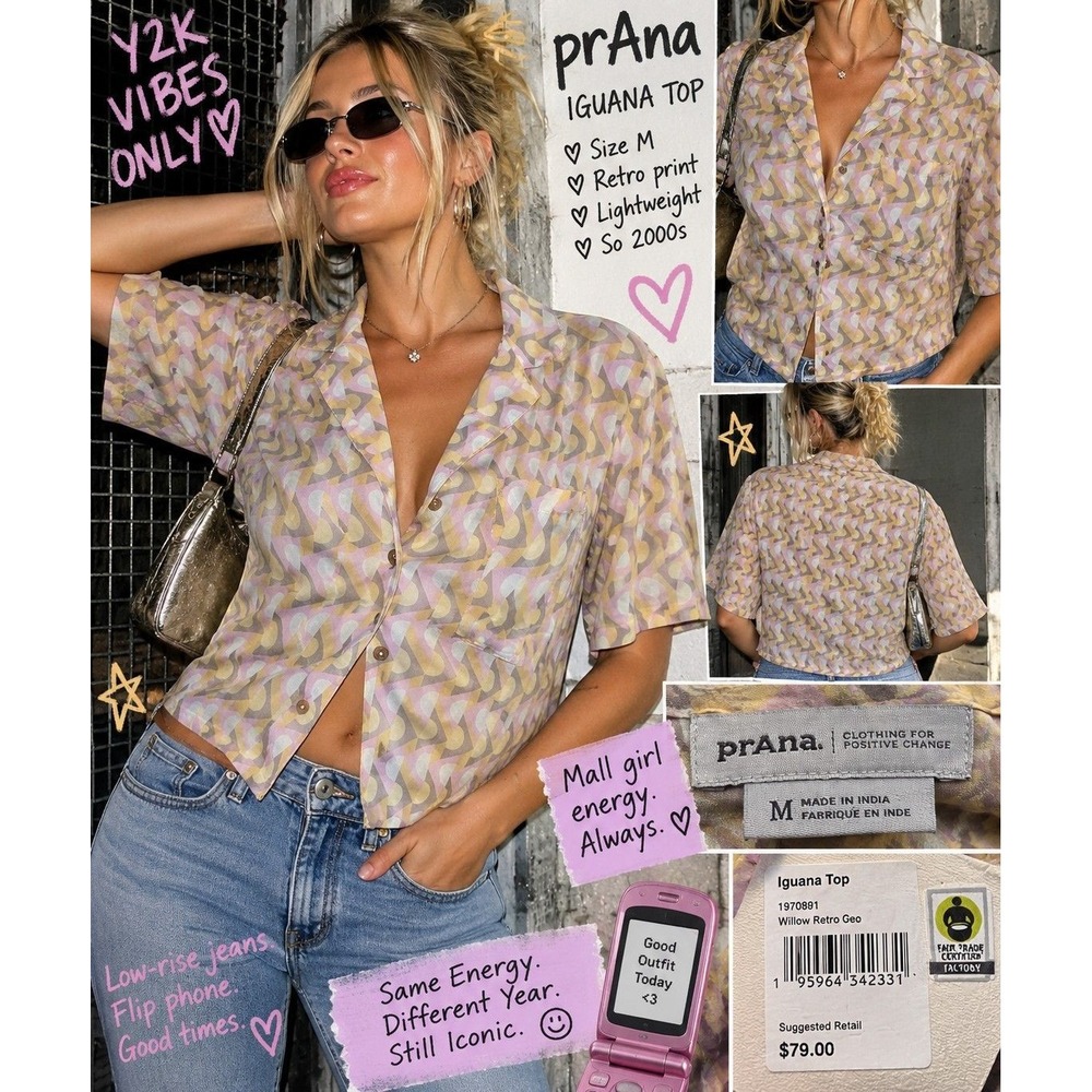 prAna Iguana Retro Swirl Button Up Top | Size M | $79 Retail